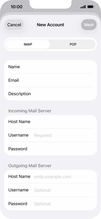 Press Username and key in the username for your email account. Press Username and key in the username for your email account.