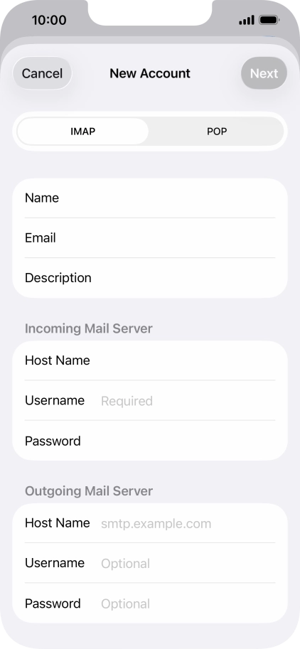 Press Username and key in the username for your email account. Press Username and key in the username for your email account.