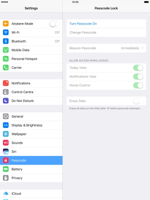 Press Turn Passcode On and key in a lock code of your own choice twice. Press Turn Passcode On and key in a lock code of your own choice twice.