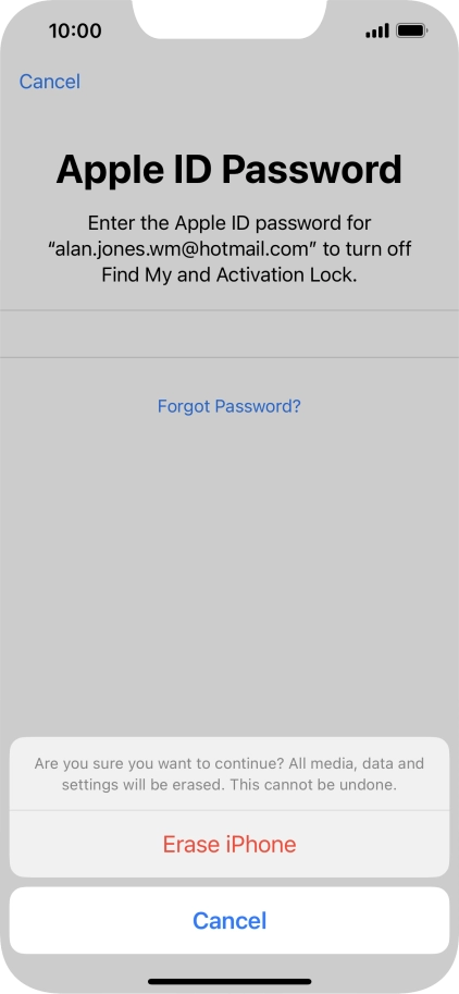 Key in the password for your Apple ID and press Erase iPhone. Wait a moment while the factory default settings are restored. Follow the instructions on the screen to set up your phone and prepare it for use.
