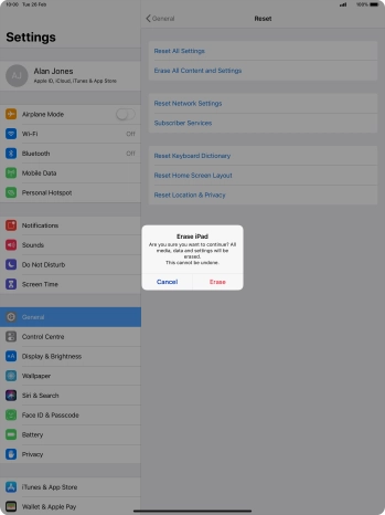Press Erase. Wait a moment while the factory default settings are restored. Follow the instructions on the screen to set up your tablet and prepare it for use.