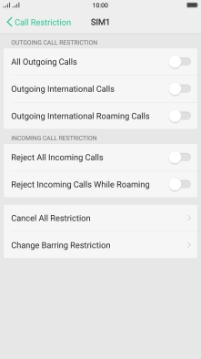 Press the field next to the required barring type to turn the function on or off.