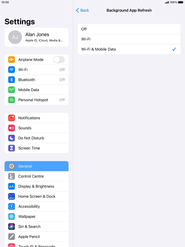 To turn off background refresh of apps, press Off. To turn off background refresh of apps, press Off.