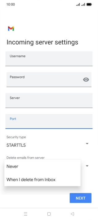 Press Never to keep email messages on the server when you delete them on your phone.