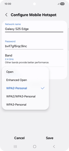 Press WPA3-Personal to password protect your Wi-Fi hotspot. Press WPA3-Personal to password protect your Wi-Fi hotspot.