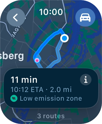Turn the Digital Crown to see the suggested routes. Turn the Digital Crown to see the suggested routes.