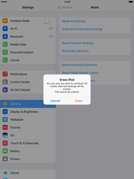 Press Erase. Wait a moment while the factory default settings are restored. 
Follow the instructions on the screen to set up your tablet and prepare it for use.