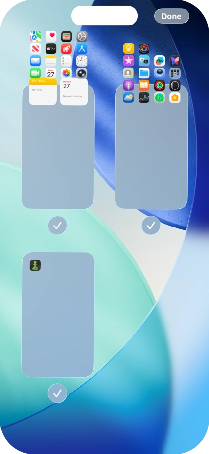 Press the field below the required home screen page to turn page view on or off. Press the field below the required home screen page to turn page view on or off.
