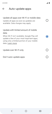 To turn on automatic update of apps using mobile network, press Update all apps over Wi-Fi or mobile data.