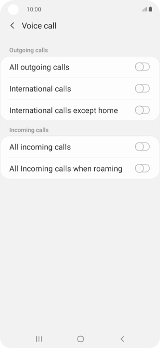 Press the indicator next to the required barring type to turn the function on or off. Press the indicator next to the required barring type to turn the function on or off.