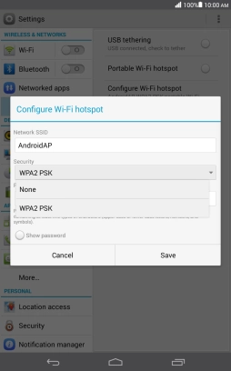 Press WPA2 PSK to password protect your Wi-Fi hotspot. Press WPA2 PSK to password protect your Wi-Fi hotspot.