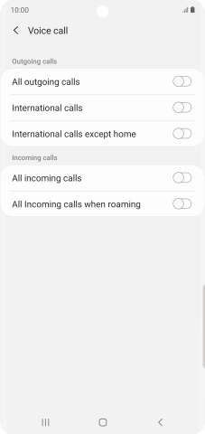 Press the indicator next to the required barring type to turn the function on or off. Press the indicator next to the required barring type to turn the function on or off.