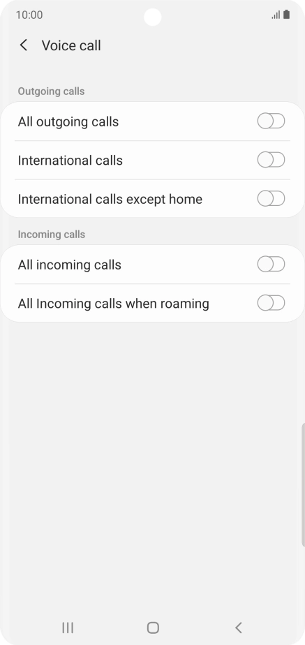 Press the indicator next to the required barring type to turn the function on or off. Press the indicator next to the required barring type to turn the function on or off.