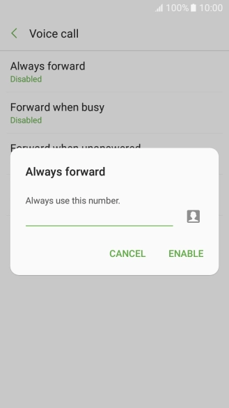 Key in (prefix) 5 (your phone number) and press ENABLE. Key in (prefix) 5 (your phone number) and press ENABLE.
