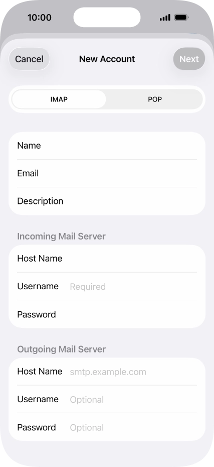 Press Username and key in the username for your email account.