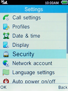 Select Security and press the Left selection key.