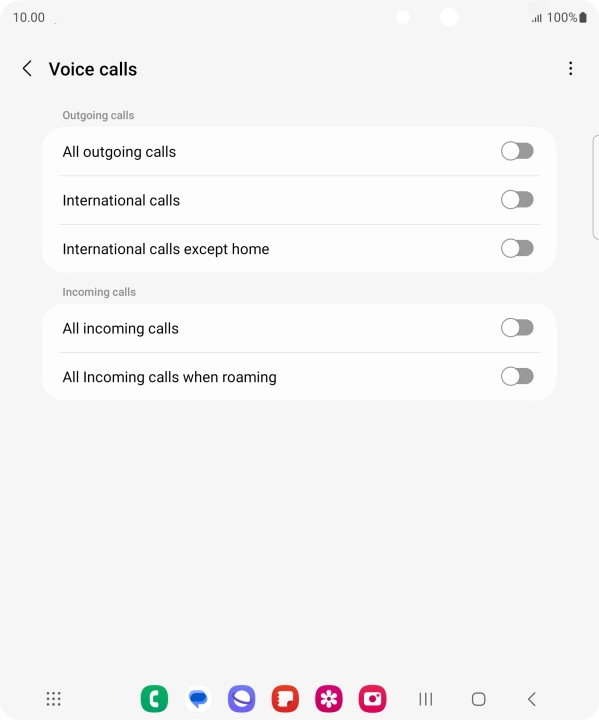 Press the indicator next to the required barring type to turn the function on or off. Press the indicator next to the required barring type to turn the function on or off.