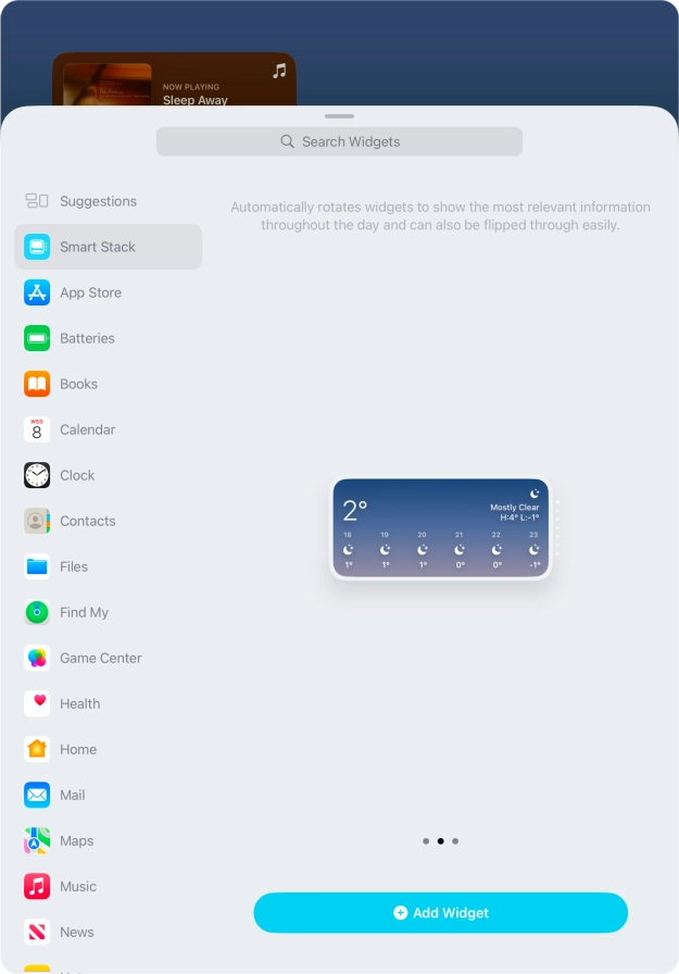Slide your finger right or left on the screen to select the required widget size.