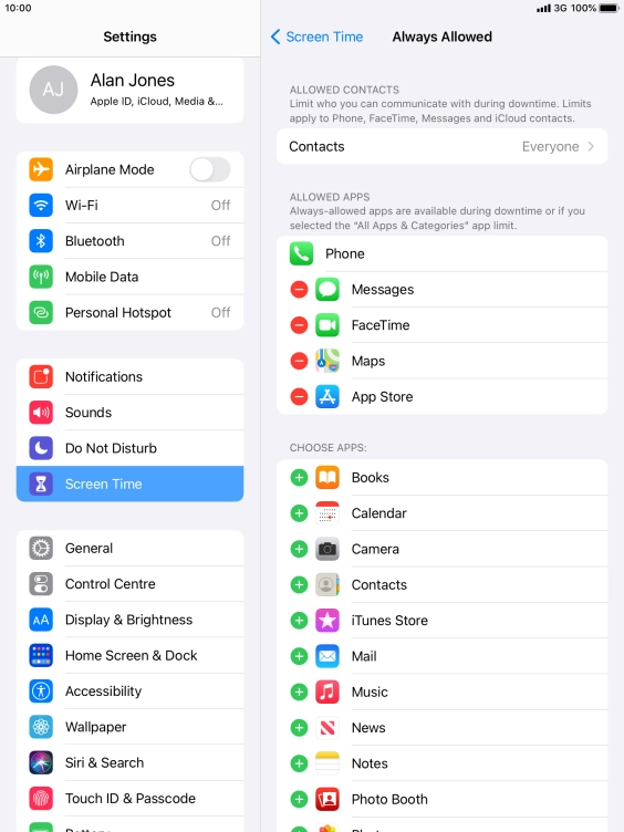 Press the remove icon next to the required app to remove it from the list of allowed apps during Downtime.