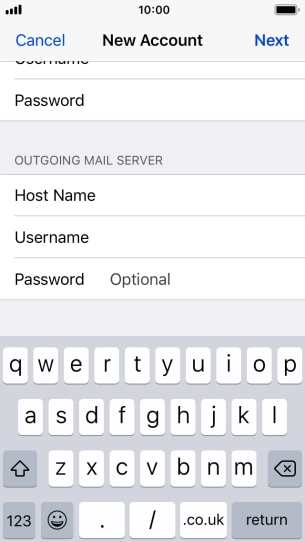 Press Password and key in the password for your email account. Please note that if you're using Vodafone's outgoing server, leave the password field empty. Press Password and key in the password for your email account. Please note that if you're using Vodafone's outgoing server, leave the password field empty.
