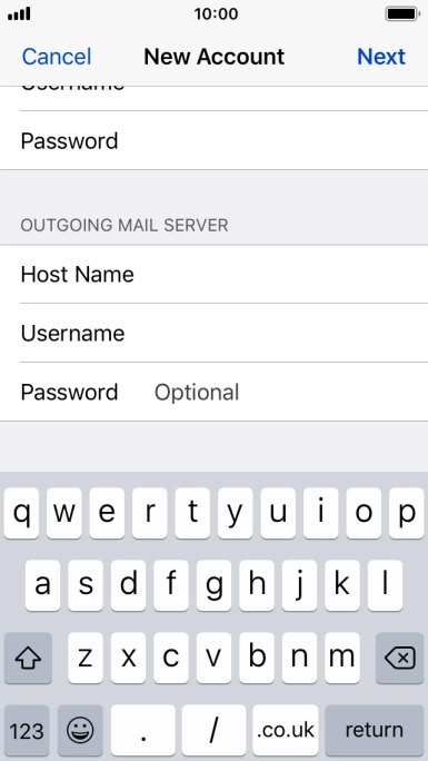 Press Password and key in the password for your email account. Please note that if you're using Vodafone's outgoing server, leave the password field empty. Press Password and key in the password for your email account. Please note that if you're using Vodafone's outgoing server, leave the password field empty.