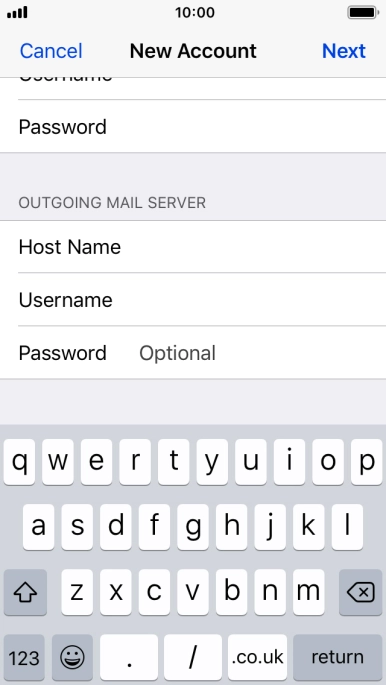 Press Password and key in the password for your email account. Please note that if you're using Vodafone's outgoing server, leave the password field empty. Press Password and key in the password for your email account. Please note that if you're using Vodafone's outgoing server, leave the password field empty.
