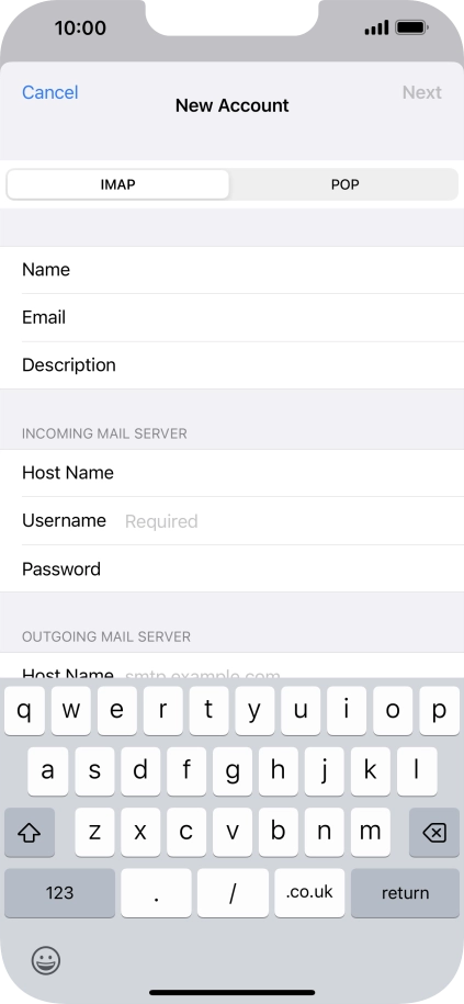 Press Username and key in the username for your email account. Press Username and key in the username for your email account.