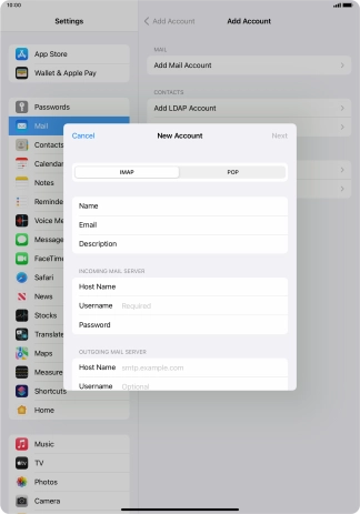 Press Username and key in the username for your email account.