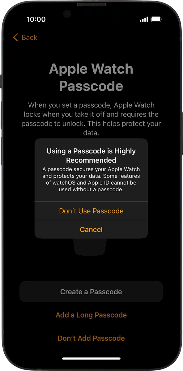 On your phone: Press Don't Use Passcode.