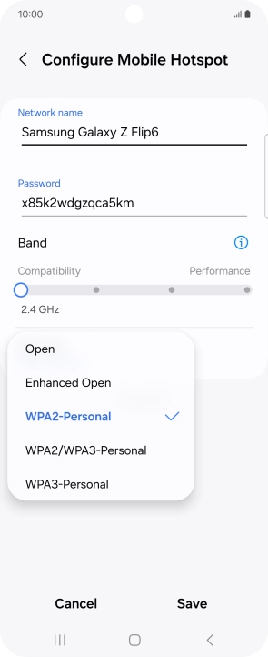 Press WPA3-Personal to password protect your Wi-Fi hotspot. Press WPA3-Personal to password protect your Wi-Fi hotspot.