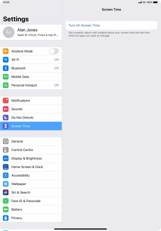 Press Turn On Screen Time. Press Turn On Screen Time.