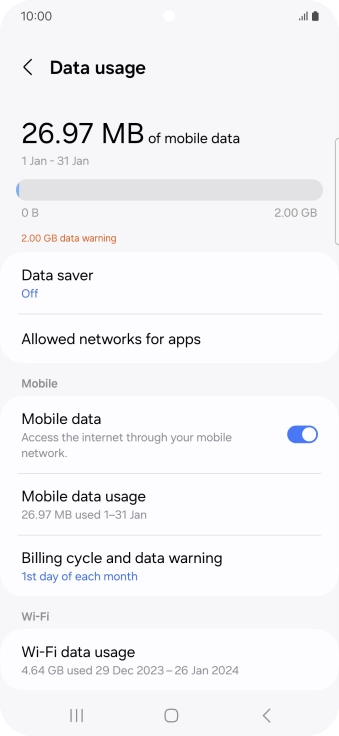 The total data usage is displayed. The total data usage is displayed.