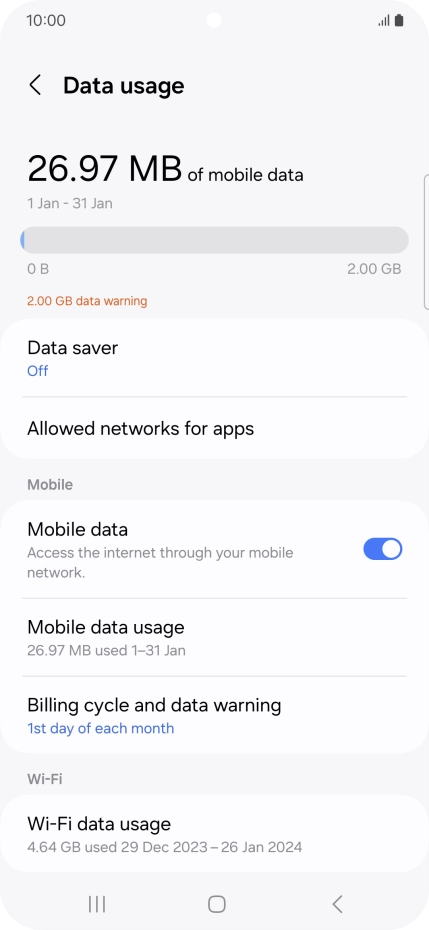 The total data usage is displayed. The total data usage is displayed.