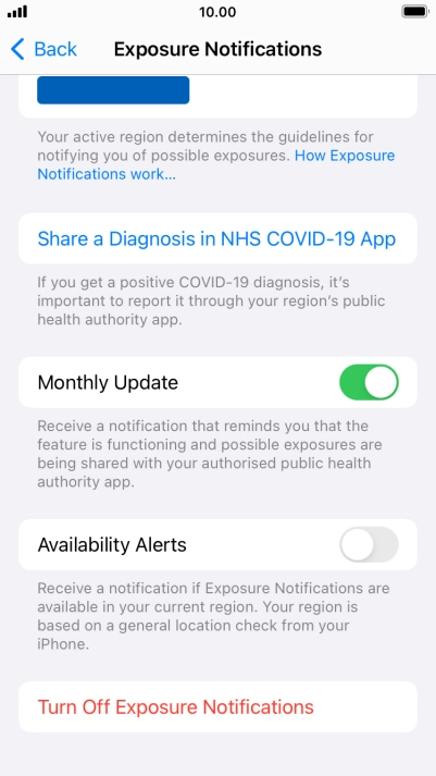 Press Turn Off Exposure Notifications.