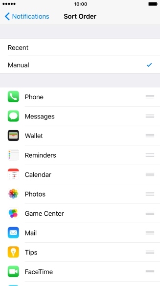 To sort notifications manually, press the organise icon next to the required menu item and drag it to the required position on the list. To sort notifications manually, press the organise icon next to the required menu item and drag it to the required position on the list.
