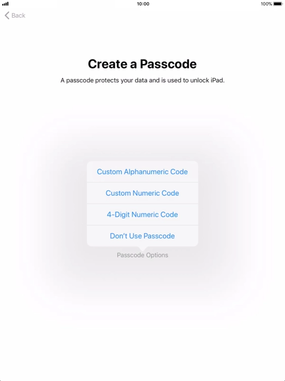 Follow the instructions on the screen to turn on use of lock code or press Don't Use Passcode.
