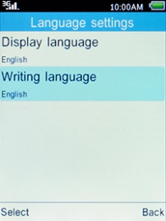 Select Writing language and press the Left selection key.
