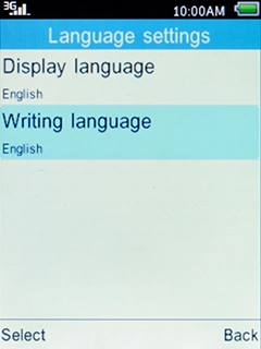 Select Writing language and press the Left selection key.