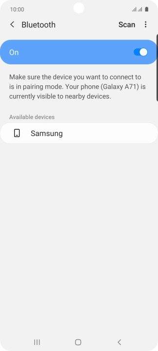 Press the required Bluetooth device and follow the instructions on the screen to pair the device with your phone. Press the required Bluetooth device and follow the instructions on the screen to pair the device with your phone.
