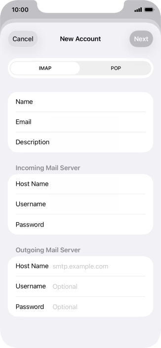 Press Host Name and key in the name of your email provider's outgoing server. Please note that if you can't send email messages when using your email provider's outgoing server, key in smtp.vodafone.net.au (Vodafone's outgoing server).