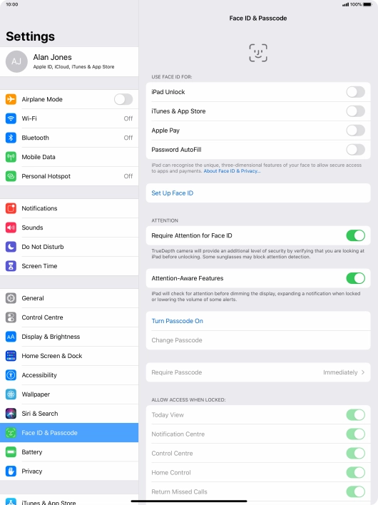 Press Turn Passcode On and key in a lock code of your own choice twice.