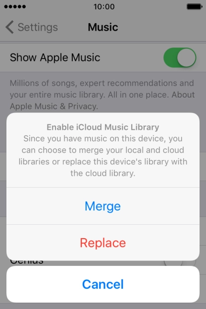 Press Merge to merge the music library on your phone with the iCloud Music Library. Press Merge to merge the music library on your phone with the iCloud Music Library.