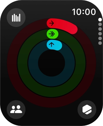The screen will tell you how far you are from completing your daily activity goals. When the coloured rings are closed, you've reached the goals of your daily activity. The screen will tell you how far you are from completing your daily activity goals. When the coloured rings are closed, you've reached the goals of your daily activity.