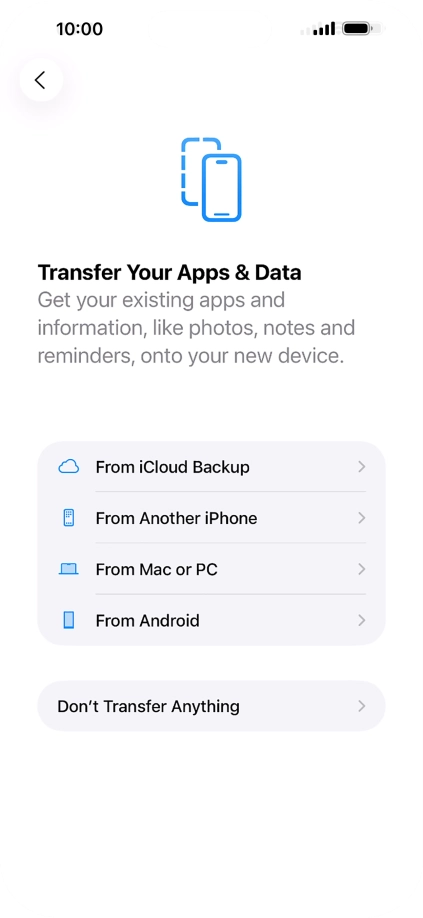 You can transfer content from an Android phone when your phone is activated for the first time and after a factory reset. When this screen is displayed, your phone is ready to transfer content from an Android phone. You can transfer content from an Android phone when your phone is activated for the first time and after a factory reset. When this screen is displayed, your phone is ready to transfer content from an Android phone.