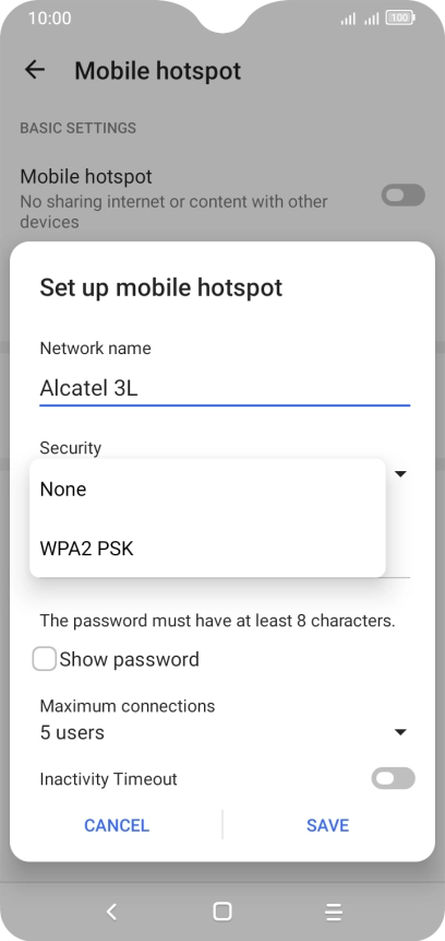 Press WPA2 PSK to password protect your Wi-Fi hotspot. Press WPA2 PSK to password protect your Wi-Fi hotspot.