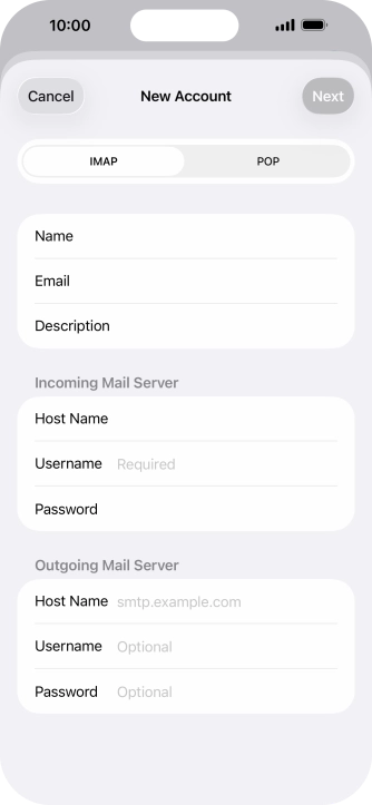 Press Username and key in the username for your email account.