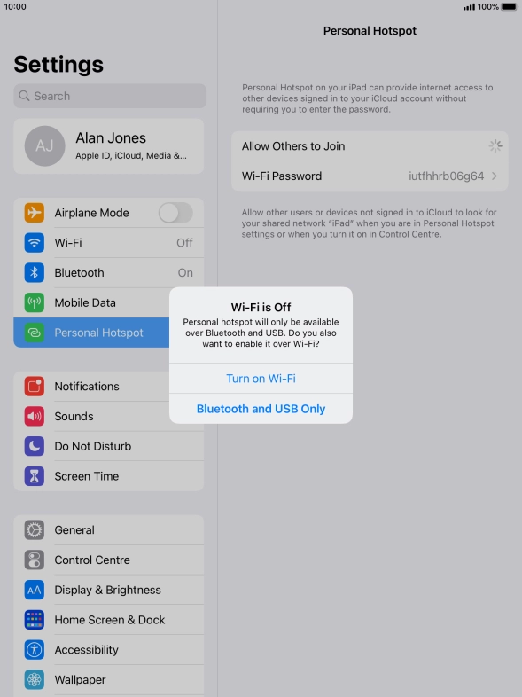 If Wi-Fi is turned on, press Bluetooth and USB Only.