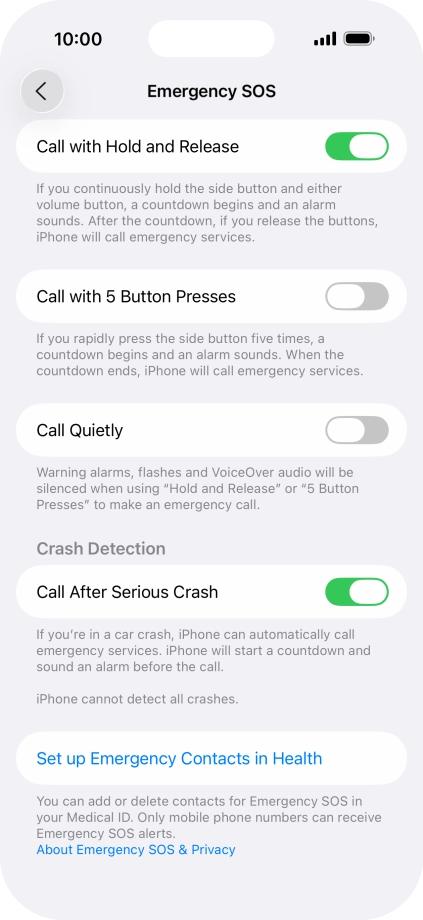 Press Set up Emergency Contacts in Health and follow the instructions on the screen to key in your emergency info and emergency contacts.