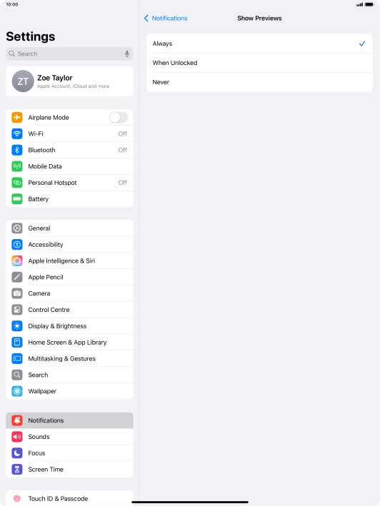 To select notification preview on the lock screen, press Always.