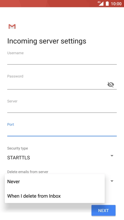 Press Never to keep email messages on the server when you delete them on your phone.